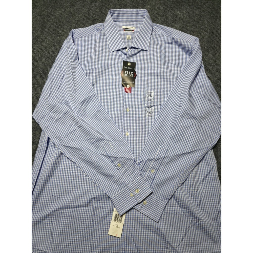 Van Heusen Flex Collar Regular Fit Blue White Plaid Dress Shirt 17½ 34/35